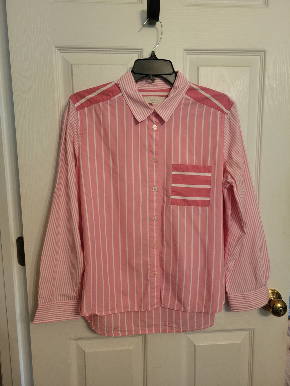 LOFT Pink & White Striped Button-Down Shirt With Contrasting Pocket